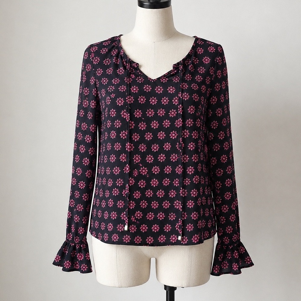 Michael Kors Womens XS Black Pink Floral Sunburst Bell Sleeve Tie Neck Blouse